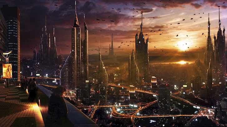papel tapiz futurista, arte futurista de la ciudad, paisaje urbano, ciudad, futurista, ciencia ficción, ciudad futurista, Fondo de pantalla HD