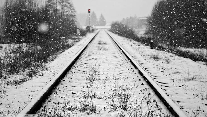 railroad track, snow, winter, snowing, railway, overcast, HD wallpaper