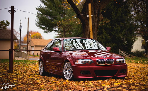 красный BMW E46 седан, bmw, красный, вид сбоку, листва, осень, HD обои HD wallpaper