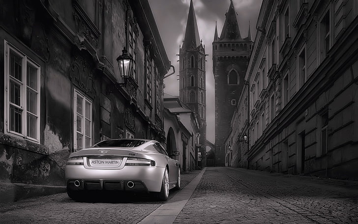 Auto, Prag, Aston Martin DB5, Aston Martin DBS, Aston Martin, Monochrom, Fahrzeug, HD-Hintergrundbild