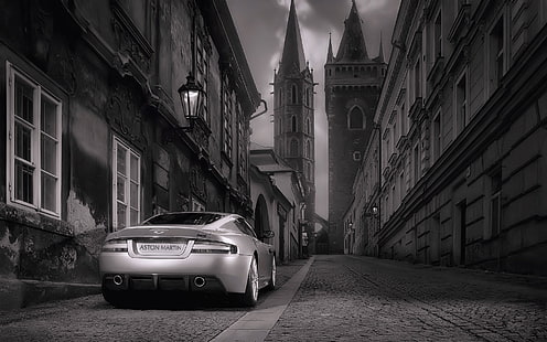 Auto, Prag, Aston Martin DB5, Aston Martin DBS, Aston Martin, Monochrom, Fahrzeug, HD-Hintergrundbild HD wallpaper