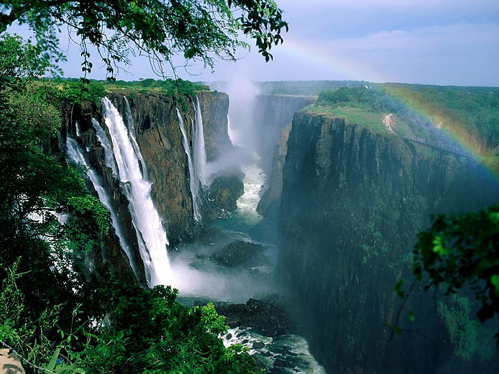 Waterfalls, Victoria Falls, Cliff, Earth, Forest, Green, Rainbow, Tree, Waterfall, HD wallpaper