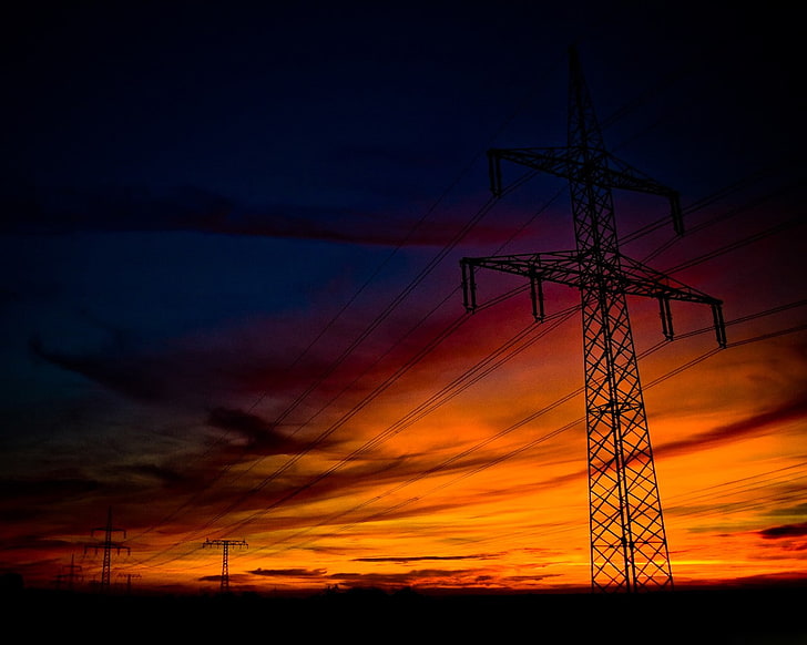 tramonto, linee elettriche, sagoma, palo pratico, Sfondo HD