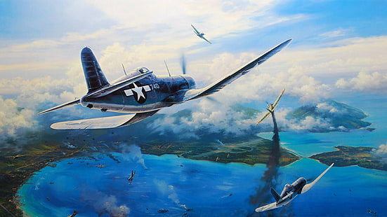 cztery szare samoloty tapeta, figura, grafika, Corsair, F4U, nicolas trudgian, Vought, myśliwiec z drugiej wojny światowej na jednym lotniskowcu, Tapety HD HD wallpaper