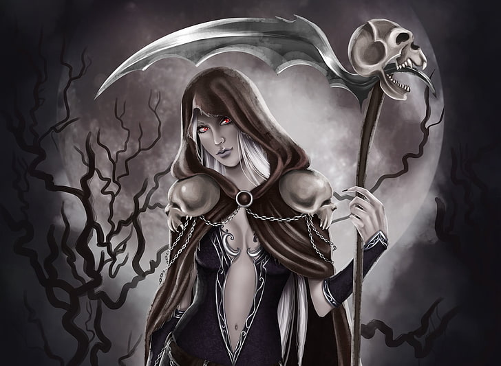 female grim reaper wallpaper, girl, skull, art, braid, cloak, red eyes, HD wallpaper