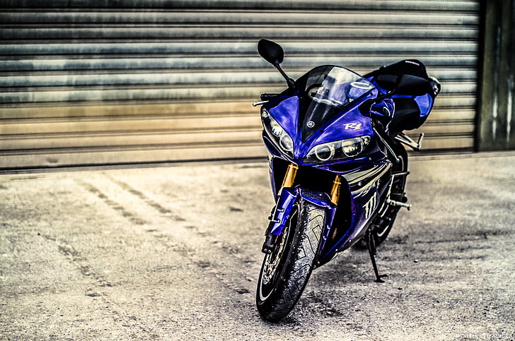 синий и черный мотоцикл, синий, мотоцикл, байк, Yamaha, жалюзи, суперспорт, yzf-r1, HD обои