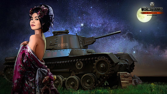 gadis, malam, bulan, Jepang, tank, tank, WoT, World of Tanks, Wargaming.Net, BigWorld, Nikita Bolyakov, Wallpaper HD HD wallpaper