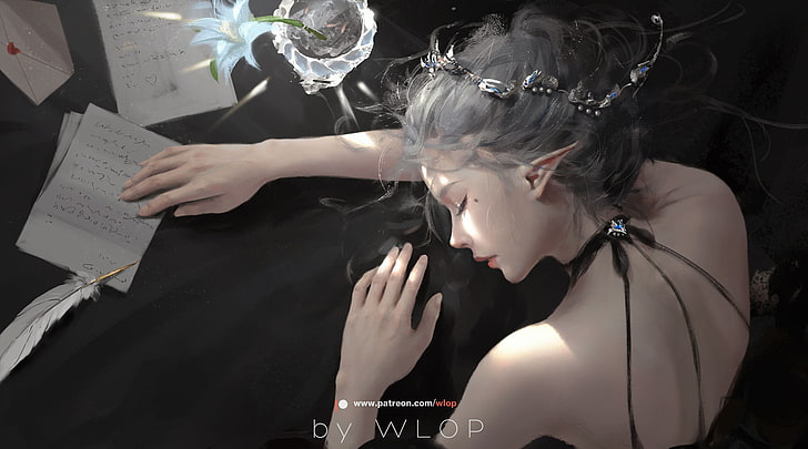 illustrazione di elfo femminile, anime girls, WLOP, lettera, Ghost Blade, Sfondo HD