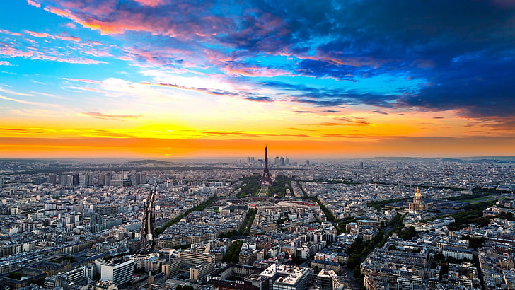 Eiffel Tower, Paris, Paris, France, city, cityscape, sunset, Eiffel Tower, clouds, landscape, sky, tower, top view, lights, Sun, HD wallpaper