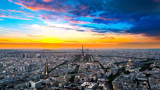 Eiffel Tower, Paris, Paris, France, city, cityscape, sunset, Eiffel Tower, clouds, landscape, sky, tower, top view, lights, Sun, HD wallpaper HD wallpaper