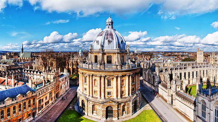 Камера Рэдклиффа, Оксфорд, Оксфордский университет, Англия, небо, город, Великобритания, Европа, здание, площадь Рэдклиффа, панорама, HD обои