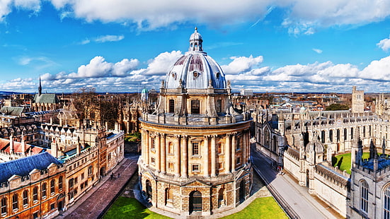 Камера Рэдклиффа, Оксфорд, Оксфордский университет, Англия, небо, город, Великобритания, Европа, здание, площадь Рэдклиффа, панорама, HD обои HD wallpaper
