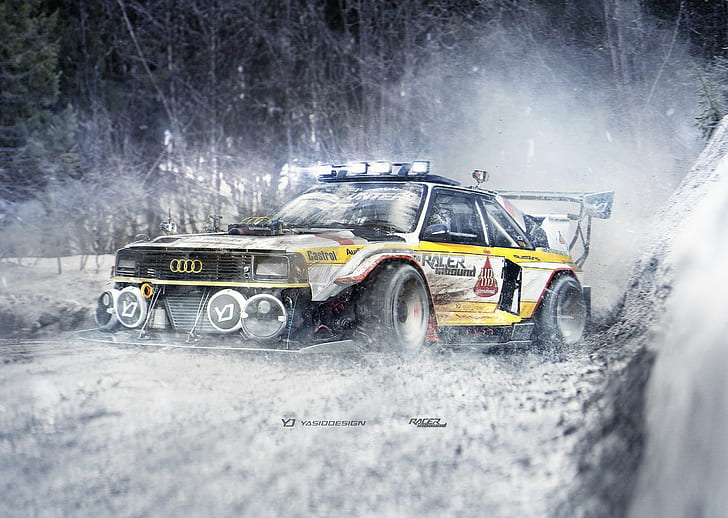 artwork, Audi, Audi Quattro, car, rally, Rally Cars, render, snow, YASIDDESIGN, HD wallpaper