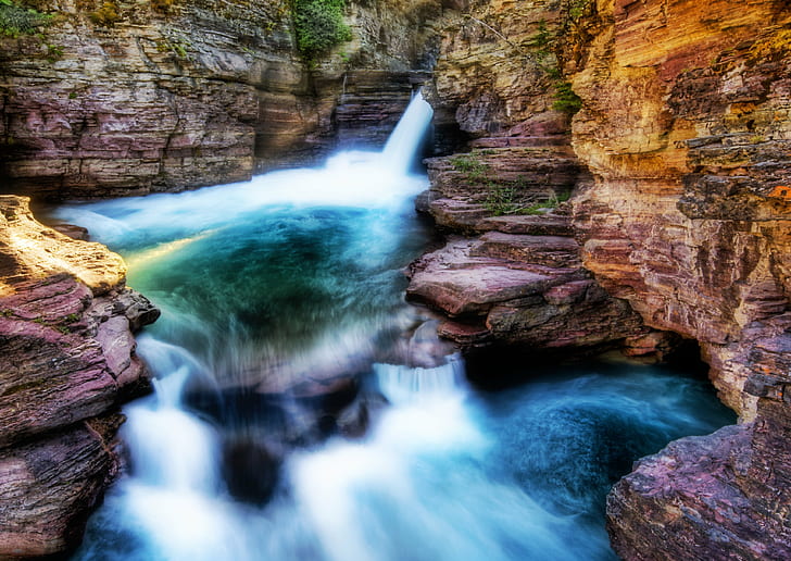 waterfalls beside of rock formation at daytime, Hidden, Icy, Blue, Vortex, rock formation, daytime, Hdr, Portfolio, d2x, Montana, Glacier National Park, waterfall, glacial, ice  water, river, cold, canyon, noise, erosion, erode, colorful, Photographer, Pro, Nikon, Photography, Panorama, details, Perspective, Shot, Shoot, Capture, Image, Picture, Edge, Angle, lines, Composition, Processing, Treatment, Framing, Unique, landscape, nature, rocks, travel, trip, explosion, push, stratification, natural, phenomenon, dreamy, rock - Object, stream, water, beauty In Nature, scenics, outdoors, forest, HD wallpaper