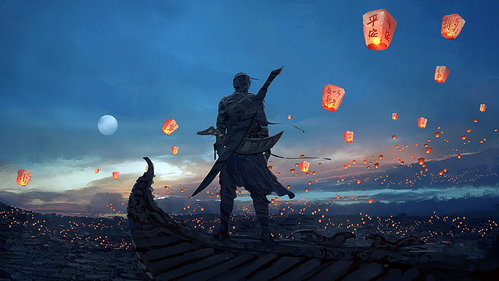 character with sword illustration, lantern, HD wallpaper