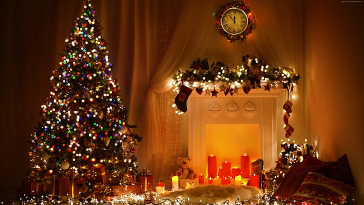 mainan, pohon cemara, dekorasi, 4K, Natal, Tahun Baru, perapian, Wallpaper HD