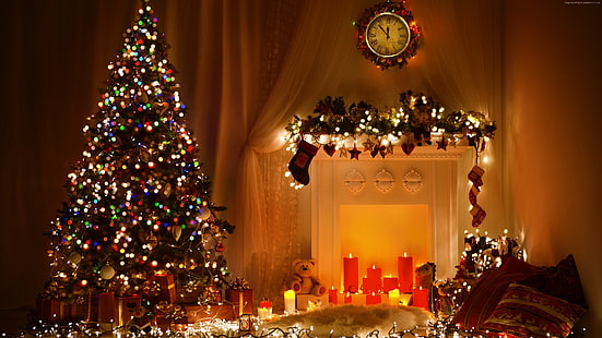 toys, fir-tree, decorations, 4K, Christmas, New Year, fireplace, HD wallpaper HD wallpaper