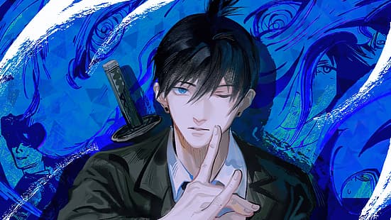 Motosega uomo, Aki (motosega uomo), capelli neri, gesto della mano, guardando viewer, sfondo blu, Kon, katana, Sfondo HD HD wallpaper