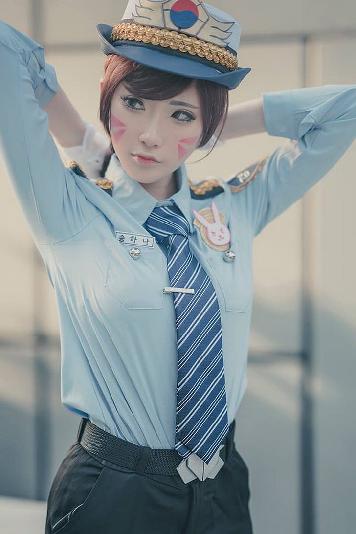 white and blue cap, D.Va (Overwatch), asian cosplayer, HD wallpaper