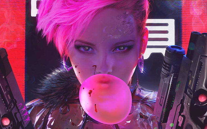 Gadis memegang dua pistol wallpaper permainan digital, cyberpunk, futuristik, permen karet, rambut merah muda, gadis dengan senjata, Wallpaper HD