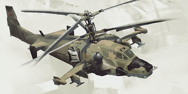vehicle, Fly, white background, helicopter, concept art, Joe Gloria, aircraft, kamov ka-50, attack helicopters, Russian Army, HD wallpaper HD wallpaper