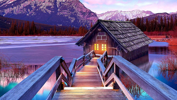 rumah perahu, rumah, danau, danau gunung, tangga, pemandangan alam, pemandangan, pegunungan, Wallpaper HD