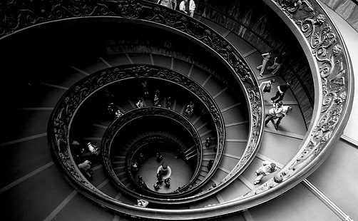Spiraltrappa i Vatikanmuseerna, spiraltrappa i gråskala, Europa, Italien, resa, Vatikanen, Rom, trappor, spiraltrappa, HD tapet HD wallpaper