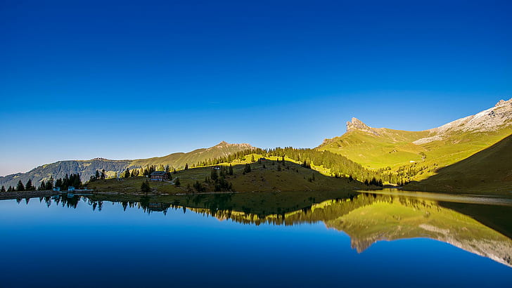 Горное озеро Идиллия, гора, деревья, озеро, природа и пейзажи, HD обои