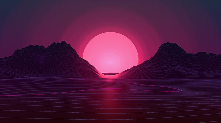 Synthwave-Hintergrund, Musik, Sonnenaufgang, Abstrakt, Sonnenuntergang, Rosa, Künstlerisch, Berge, Neon, Retrostyle, Retrowave, Synthwave, Outrun, Futuresynth, HD-Hintergrundbild