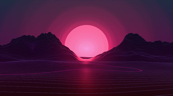 Synthwave Background, Music, Sunrise, Abstract, Sunset, Pink, Artistic, Mountains, Neon, retrostyle, retrowave, synthwave, outrun, futuresynth, HD wallpaper HD wallpaper