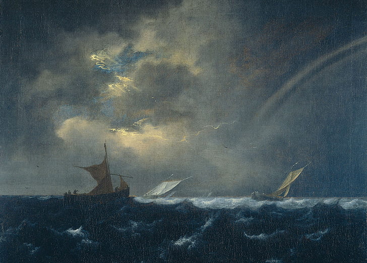 huile, image, toile, paysage marin, Jacob van Ruisdael, Navires dans une mer orageuse, Fond d'écran HD