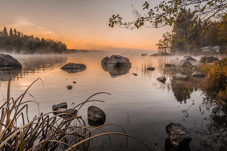 gray stone fragment on top of spring river screenshot, Dreamy, Morning, gray, stone, fragment, on top, spring river, screenshot, nikon  d600, nikkor, langinkoski, mist, nature, reflection, lake, water, landscape, tree, sunset, scenics, outdoors, river, forest, HD wallpaper