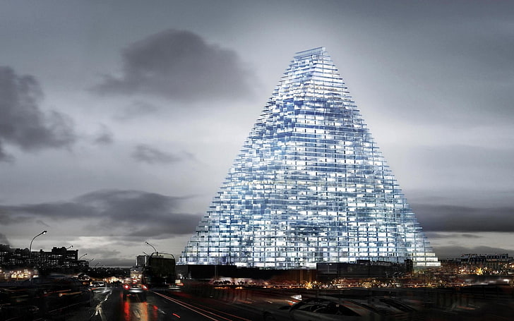 triangular-shape building, city, cityscape, architecture, pyramid, triangle, building, futuristic, car, road, Paris, HD wallpaper