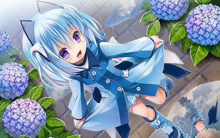 Anime Girls, 1000-chan, Personajes originales, cabello azul, flores, anime girls, 1000-chan, personajes originales, cabello azul, flores, Fondo de pantalla HD