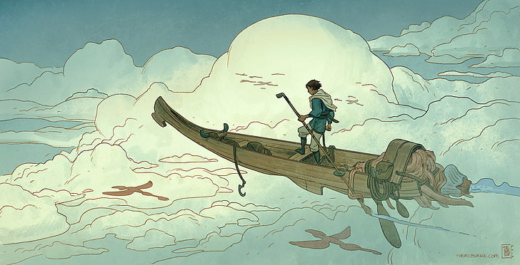 рисунок, лодка, небо, мужчины, весло, облака, рыбалка, капюшон, фэнтези арт, HD обои