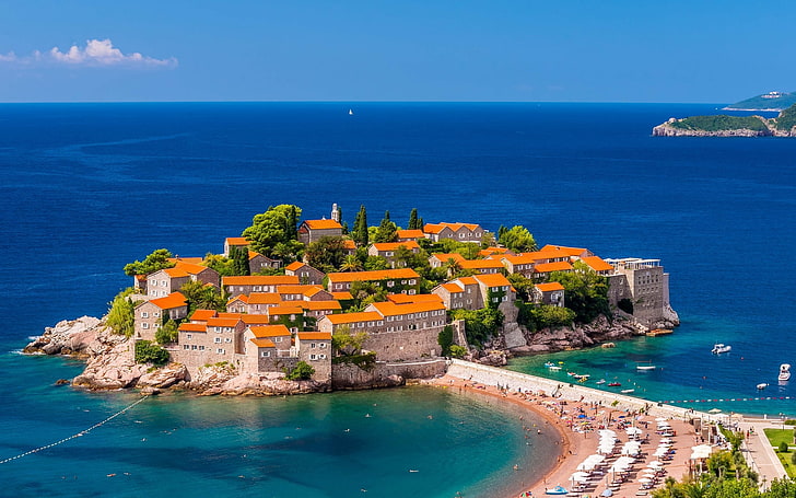 brown-and-white houses, beach, island, building, Montenegro, The Adriatic sea, Adriatic Sea, Sveti Stefan, HD wallpaper
