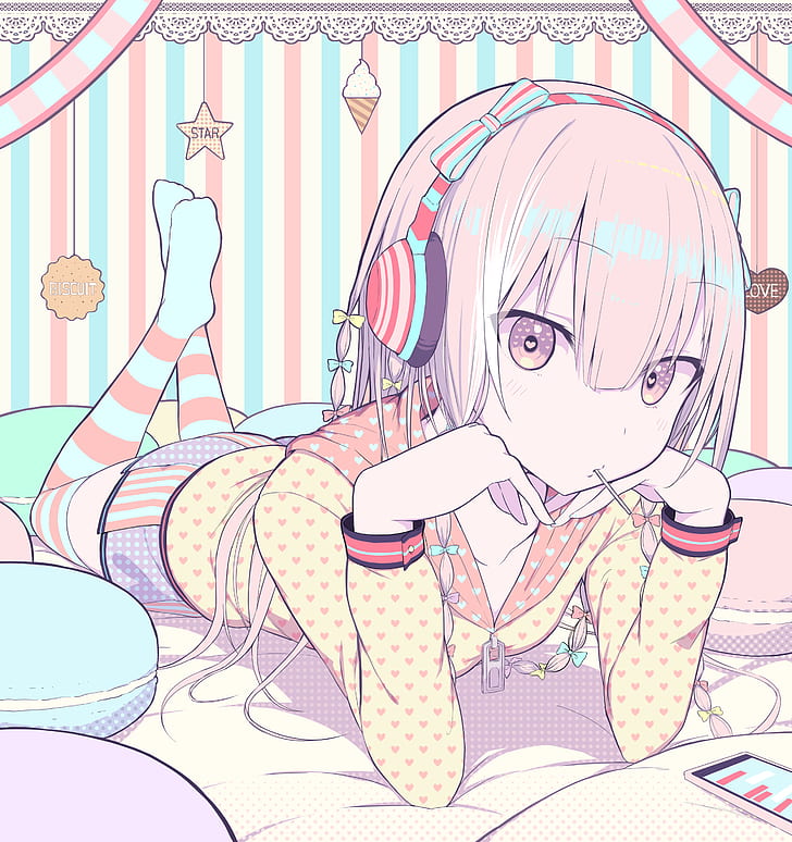 anime, anime girls, headphones, legs up, in bed, HD wallpaper