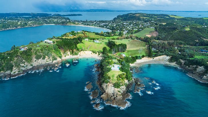 paisaje, 4K, península, rocas, campo, árboles, agua, ciudad, horizonte, Nueva Zelanda, Auckland, Isla Norte, Fondo de pantalla HD