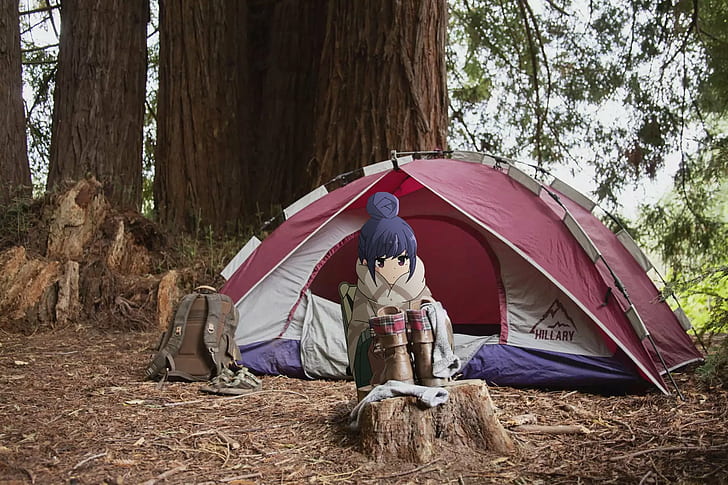 Yuru Camp, Rin Shima, gadis anime, camp, tenda, Wallpaper HD