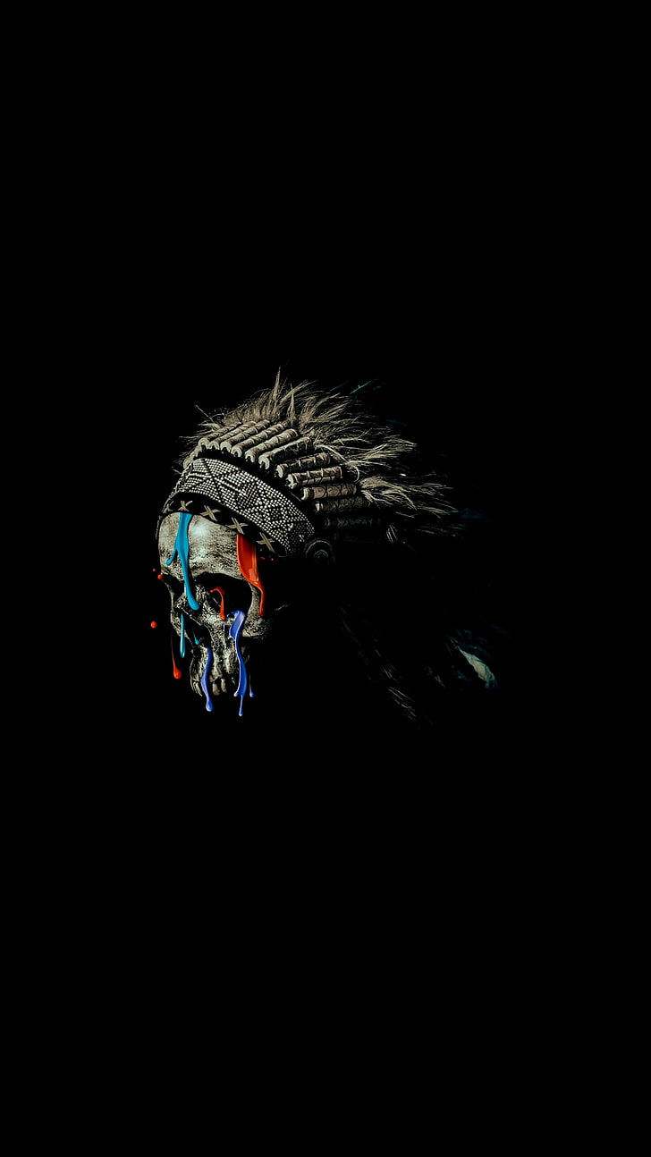 white and multicolored skull with war bonnet illustration, black background, minimalism, portrait display, HD wallpaper