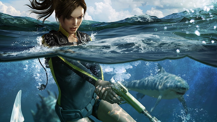ilustrasi wanita setengah tenggelam, Lara Croft, hiu, split view, laut, Tomb Raider: Underworld, video game, Tomb Raider, Wallpaper HD