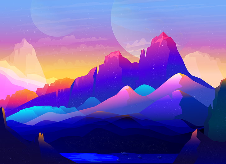 Ilustración, Rocas, Neón, Montañas, Colorido, Fondo de pantalla HD