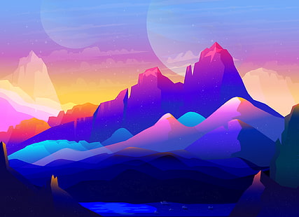Illustration, Rocks, Neon, Mountains, Colorful, HD wallpaper HD wallpaper