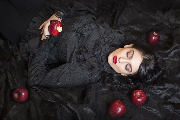 apples, fantasy girl, women, model, closed eyes, HD wallpaper