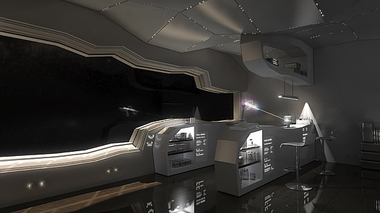 космос, будущее, комната, корабль, стулья, луч, арт, окно, комната, HD обои HD wallpaper