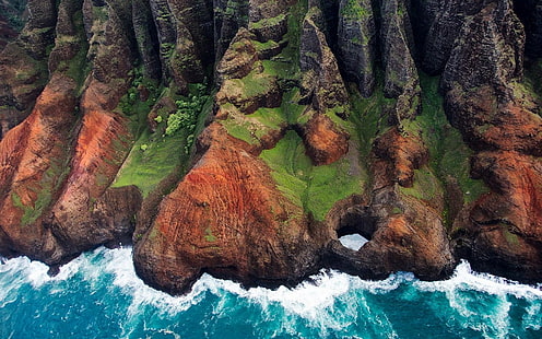 nature, landscape, Kauai, aerial view, mountains, island, coast, sea, cliff, grass, rock, HD wallpaper HD wallpaper