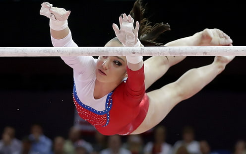 women's white and red long-sleeved dress, girl, face, background, figure, legs, beauty, athlete, gymnast, London 2012, world champion, Summer Olympics 2012, Summer Olympic games 2012, RUSSIA, Aliya Mustafina, Olympic champion, bars, HD wallpaper HD wallpaper