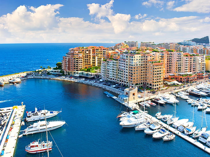 Monaco, city, blue sea, pier, yachts, houses, sky, clouds, Monaco, City, Blue, Sea, Pier, Yachts, Houses, Sky, Clouds, HD wallpaper