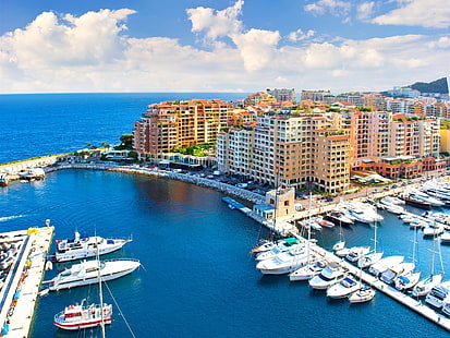Монако, город, синее море, пирс, яхты, дома, небо, облака, Монако, город, синий, море, пирс, яхты, дома, небо, облака, HD обои HD wallpaper