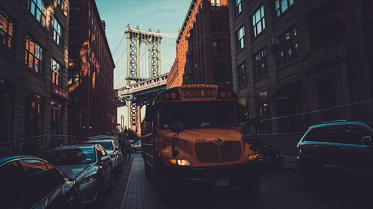 жълт училищен автобус, Ню Йорк, думбо, Манхатън Бридж, автобуси, мост, HD тапет